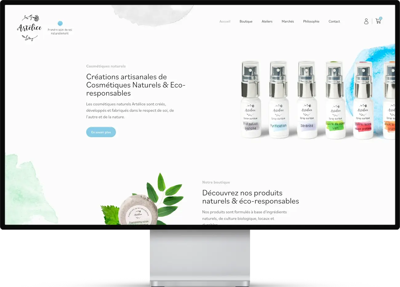 Mockup d'une page web pour une marque suisse spécialisée dans la création artisanale de cosmétiques naturels et éco-responsables