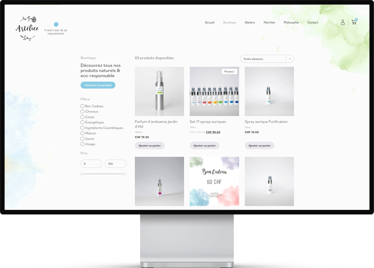 Mockup d'une page web pour une marque suisse spécialisée dans la création artisanale de cosmétiques naturels et éco-responsables