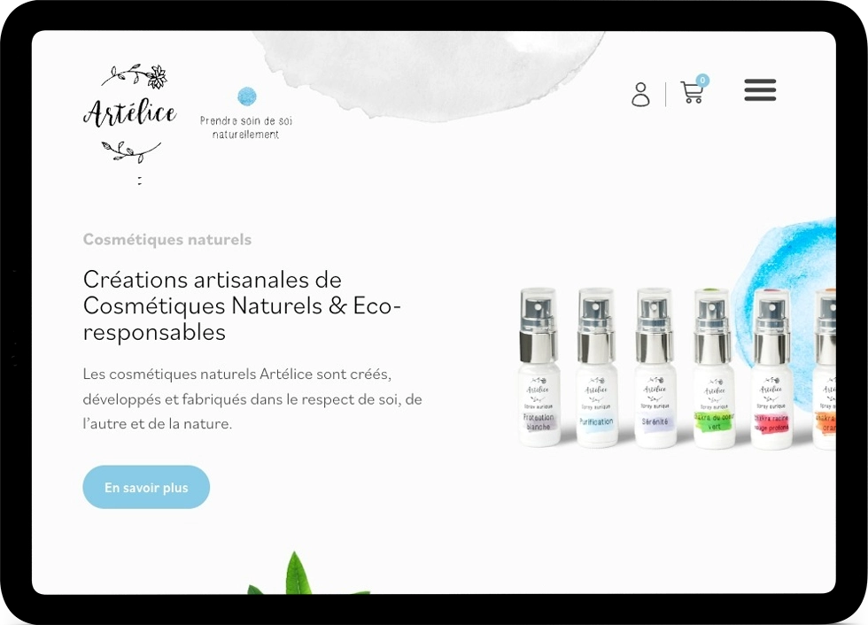 Mockup tablette d'une page web pour une marque suisse spécialisée dans la création artisanale de cosmétiques naturels et éco-responsables