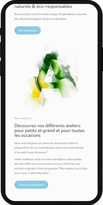Mockup mobile d'une page web pour une marque suisse spécialisée dans la création artisanale de cosmétiques naturels et éco-responsables