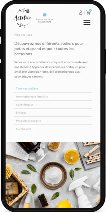 Mockup mobile d'une page web pour une marque suisse spécialisée dans la création artisanale de cosmétiques naturels et éco-responsables
