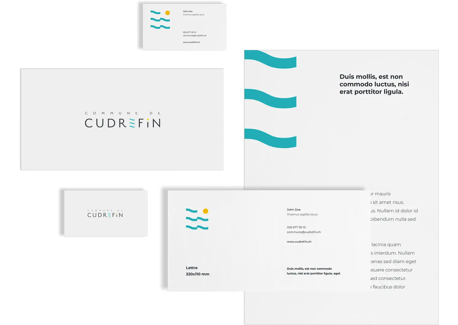 Présentation de l'identité visuelle complète de la Commune de Cudrefin, incluant papeterie, carte de visite, enveloppes et version mobile du site.