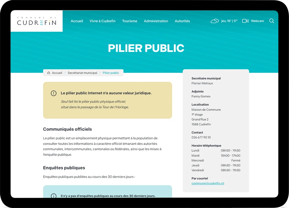 Mockup tablette d'une page web du site de la Commune de Cudrefin