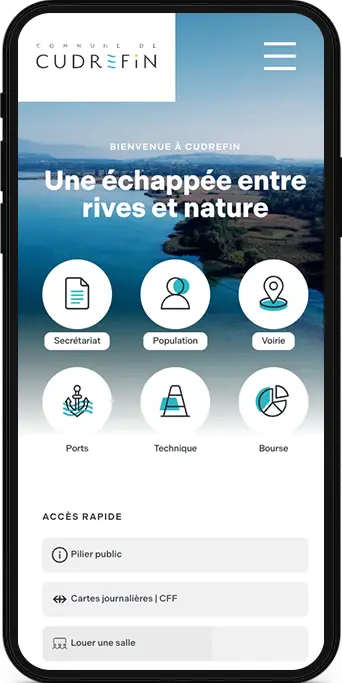 Mockup mobile d'une page web du site de la Commune de Cudrefin