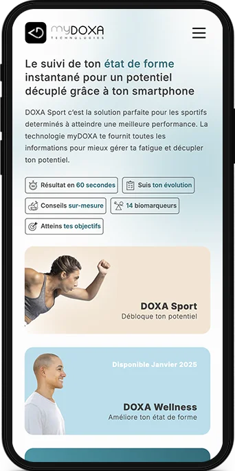 Mockup mobile d'une page web du site Doxa Sport DOXA Sport. Application mobile pour optimiser les performances des sportifs.