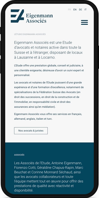 Mockup mobile d'une page web du site Eigenmann Associés. Étude d'avocats et notaires à Lausanne.
