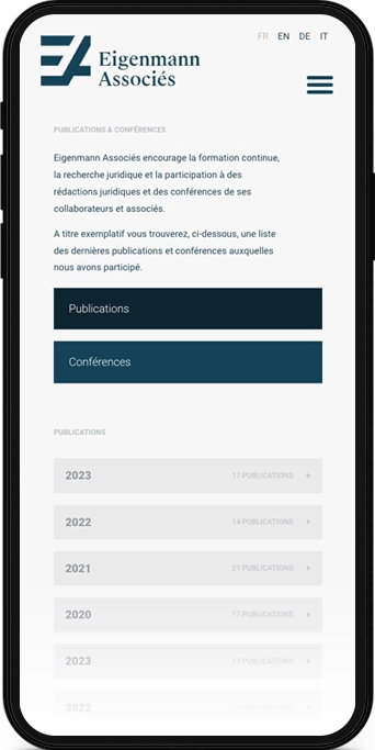 Mockup mobile d'une page web du site Eigenmann Associés. Étude d'avocats et notaires à Lausanne.