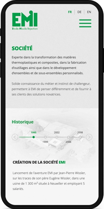 Mockup mobile d'une page web du site EMI Wissler, entreprise industrielle spécialisée dans la plasturgie.