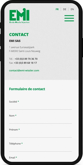 Mockup mobile d'une page web du site EMI Wissler, entreprise industrielle spécialisée dans la plasturgie.