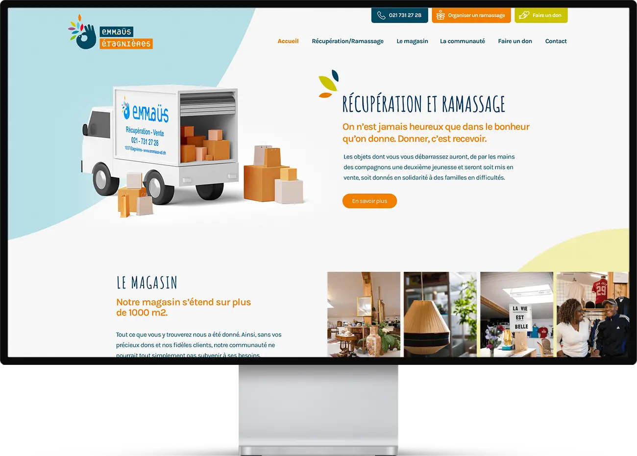 Mockup d'une page web du site Emmaüs Etagnières.