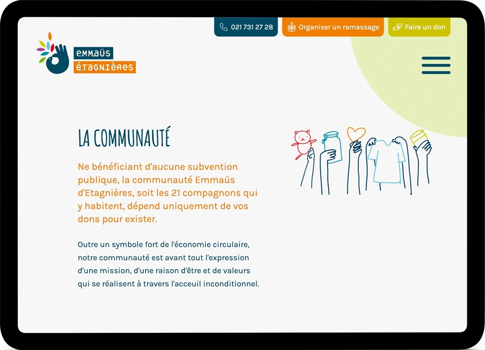 Mockup tablette d'une page web du site Emmaüs Etagnières.