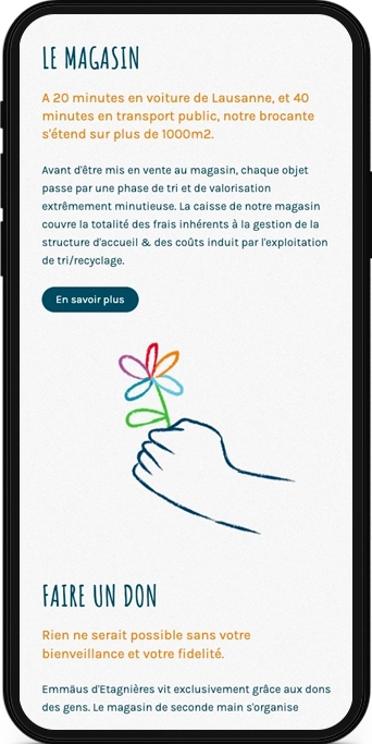 Mockup mobile d'une page web du site Emmaüs Etagnières.