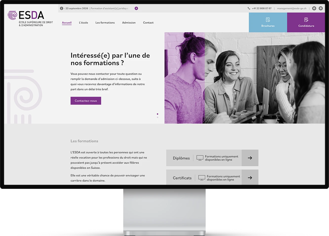 Mockup d'une page web du site de l'ESDA : Ecole supérieure de droit et d'administration.