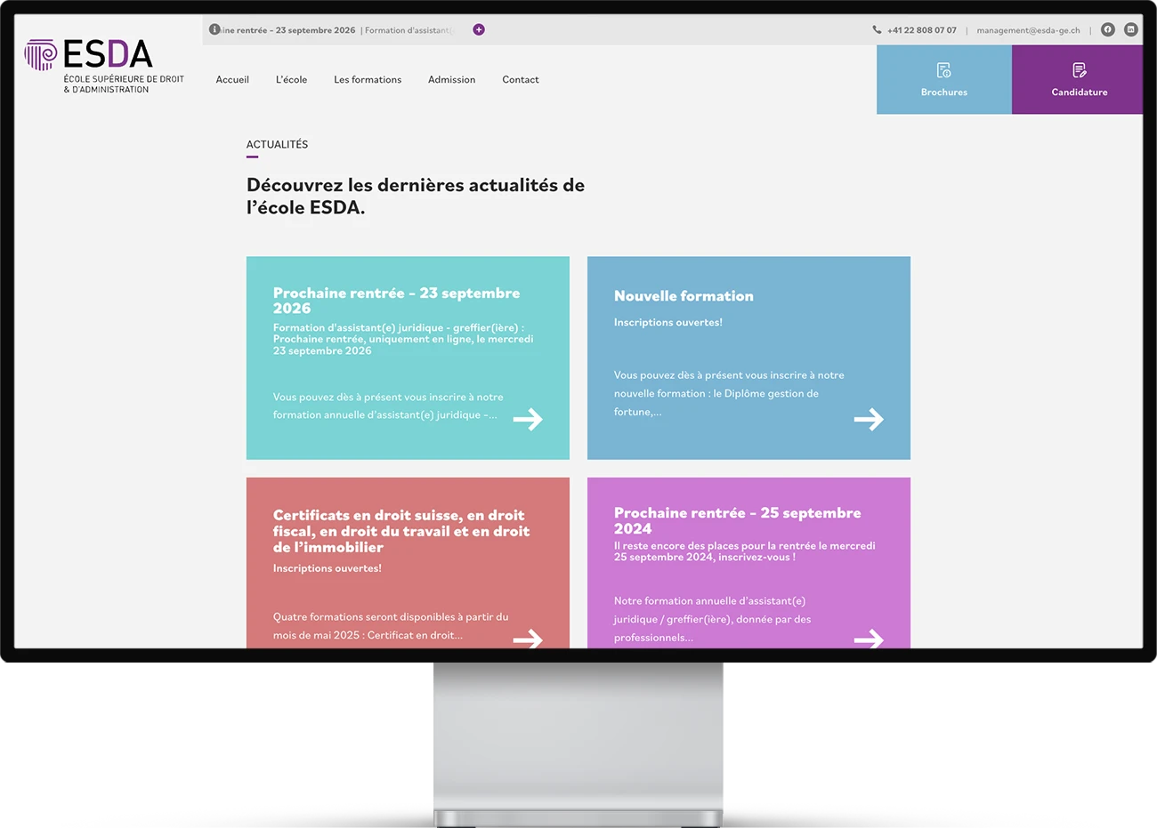 Mockup d'une page web du site de l'ESDA : Ecole supérieure de droit et d'administration.