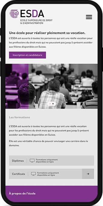 Mockup mobile d'une page web de l'ESDA : Ecole supérieure de droit et d'administration.