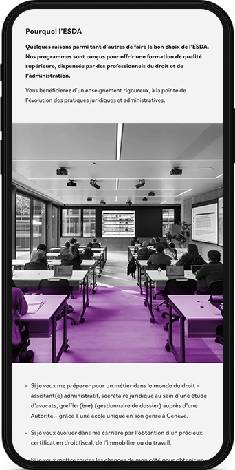 Mockup mobile d'une page web de l'ESDA : Ecole supérieure de droit et d'administration.