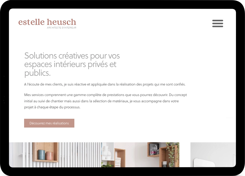 Mockup tablette d'une page web du site de Estelle Heusch, architecte d’intérieur à Lausanne.