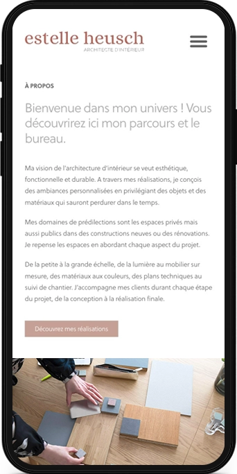 Mockup mobile d'une page web du site de Estelle Heusch, architecte d’intérieur à Lausanne.