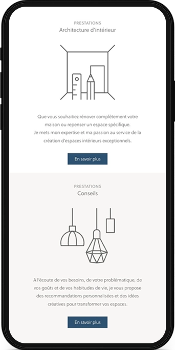 Mockup mobile d'une page web du site de Estelle Heusch, architecte d’intérieur à Lausanne.