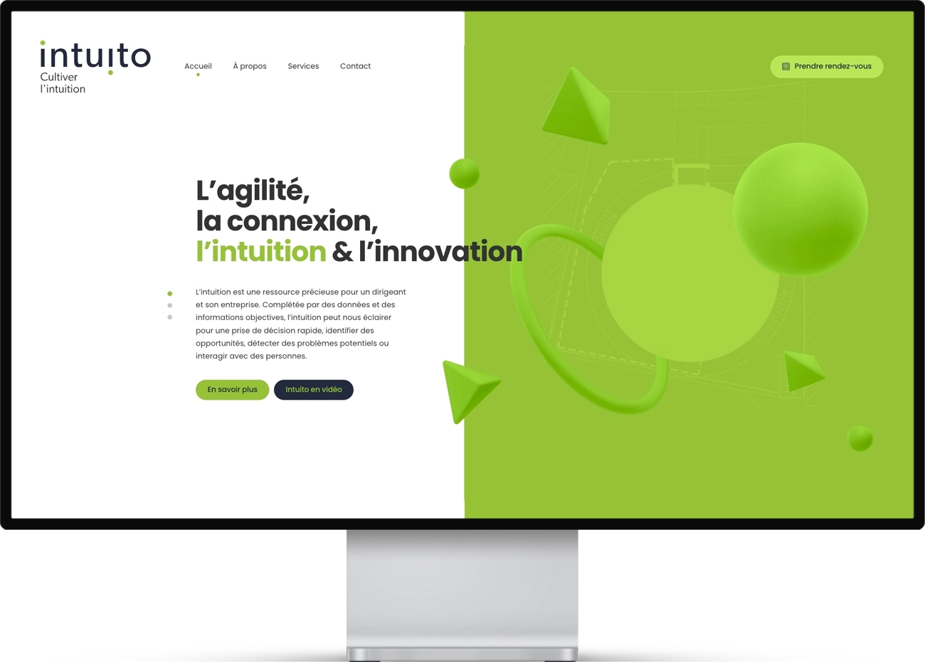 Mockup du site web Intuito, entreprise dédiée à l'accompagnement des dirigeants d'entreprise.