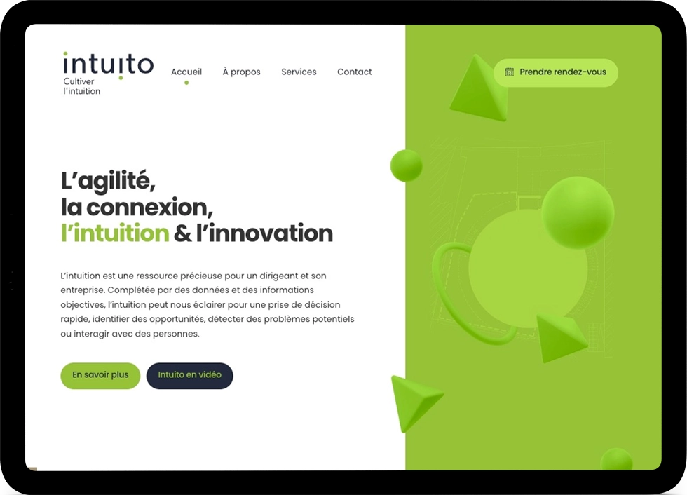 Mockup tablette du site web Intuito, entreprise dédiée à l'accompagnement des dirigeants d'entreprise.
