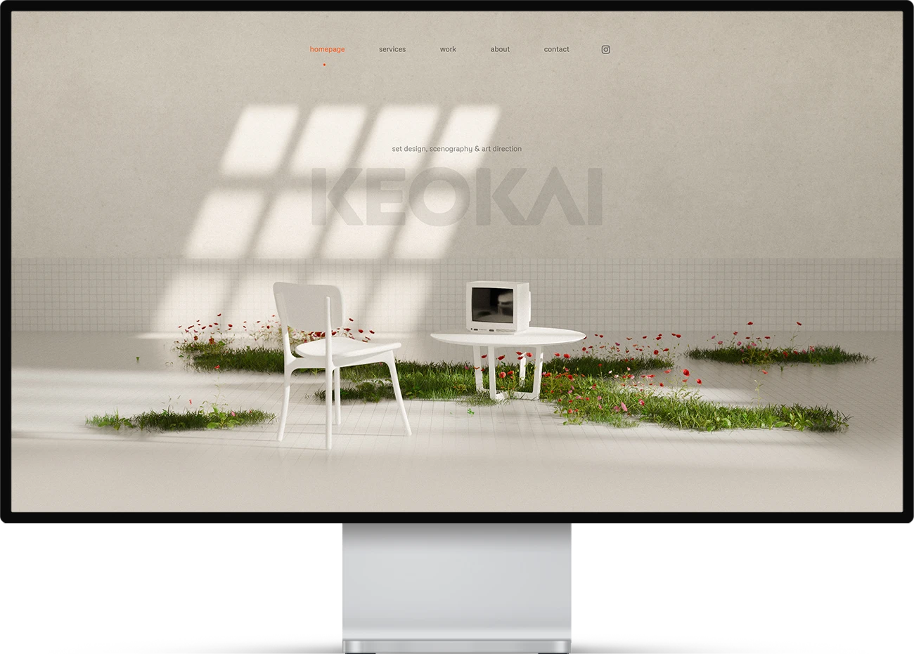 Page d’accueil du site Keo Kai avec un décor 3D imaginé pour son univers scénographique.