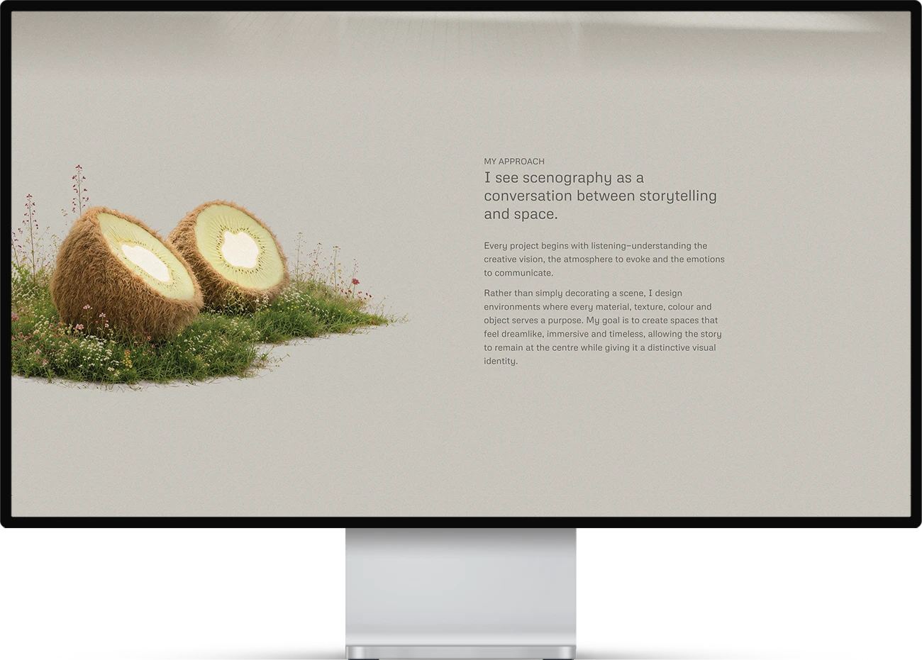 Page de présentation du site Keo Kai mettant en scène un décor 3D inspiré du kiwi.