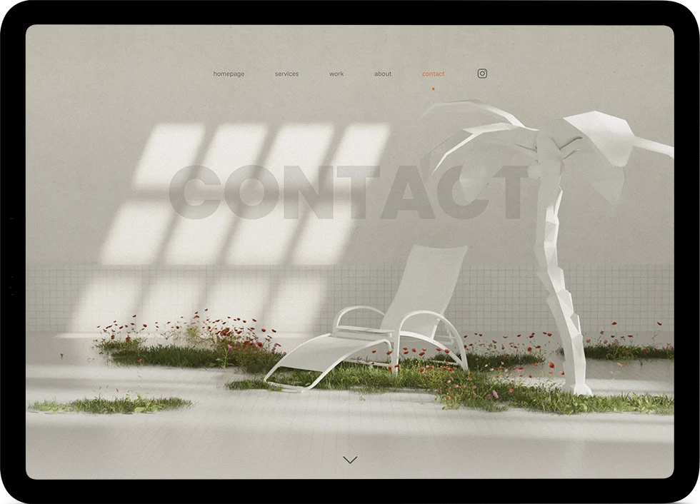 Version tablette de la page contact du site Keo Kai et de son header en 3D.