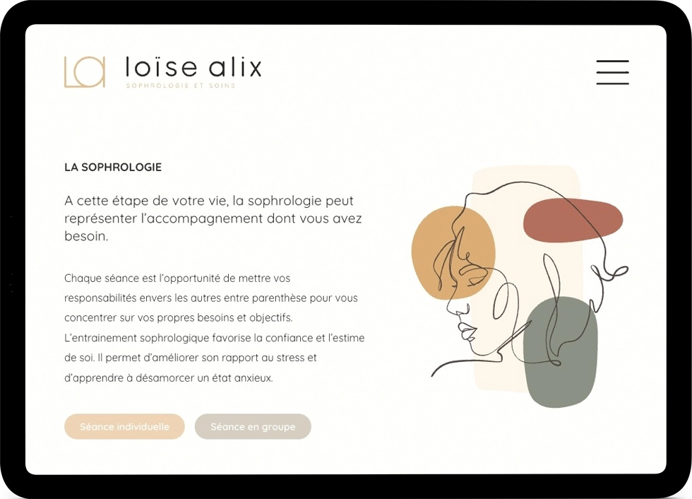 Mockup tablette web du site web Loïse Alix Notin, thérapeute sophrologue certifiée.