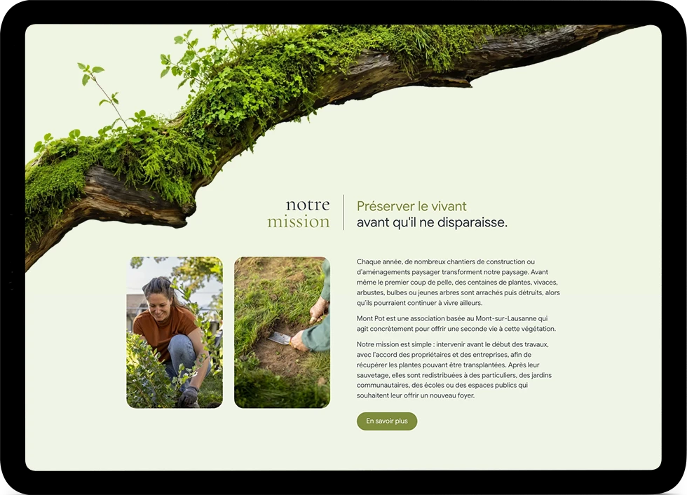 Présentation de la mission de Mont Pot dans la version tablette du site.