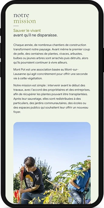 Version mobile du site Mont Pot présentant la mission de sauvegarde des végétaux.
