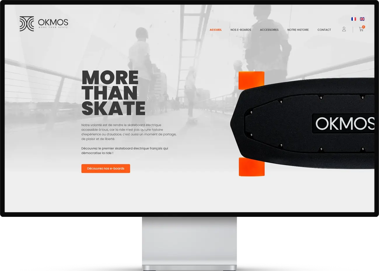 Mockup web du site de OKMOS, à l'origine du premier e-skate français.