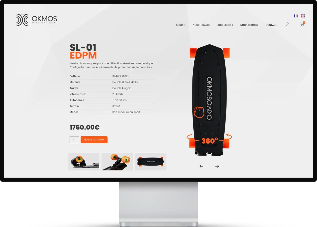 Mockup web du site de OKMOS, à l'origine du premier e-skate français.