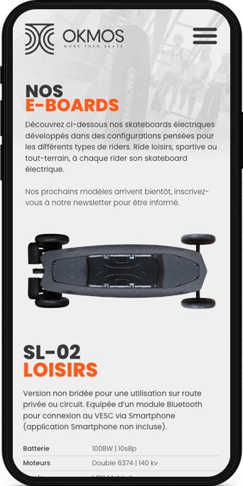 Mockup mobile du site de OKMOS, à l'origine du premier e-skate français.