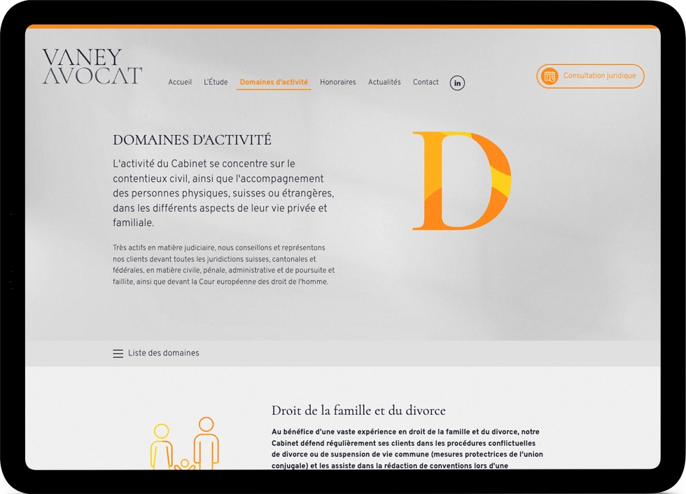 Mockup tablette du site web de Vaney Avocat, avocat au Mont-sur-Lausanne.