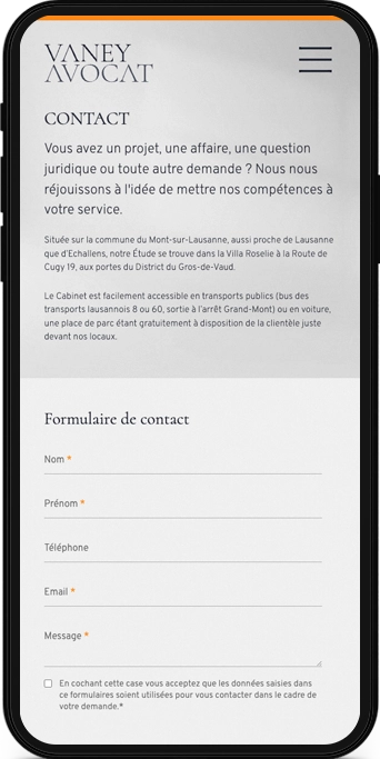 Mockup mobile du site web de Vaney Avocat, avocat au Mont-sur-Lausanne.