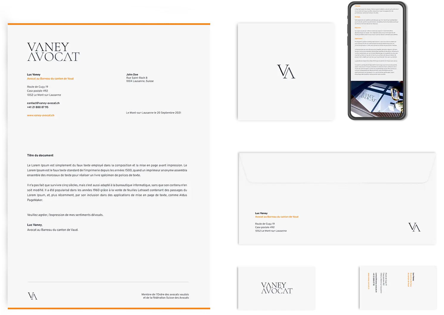 Présentation de l'identité visuelle complète de Vaney Avocat, incluant papeterie, carte de visite, enveloppes et version mobile du site.