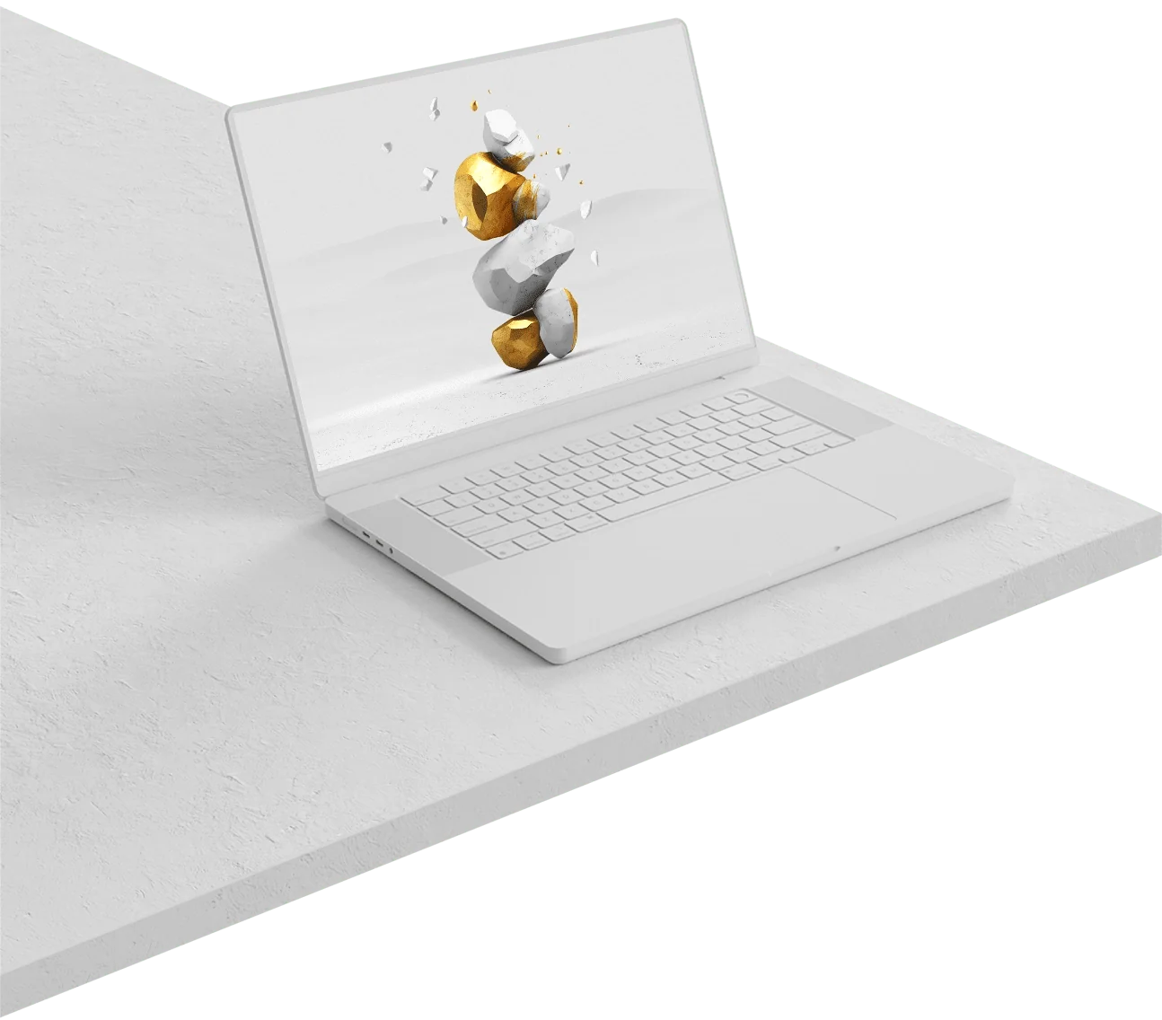 Ordinateur portable blanc affichant des formes géométriques modernes, illustrant une approche créative et technique pour la conception de sites web.